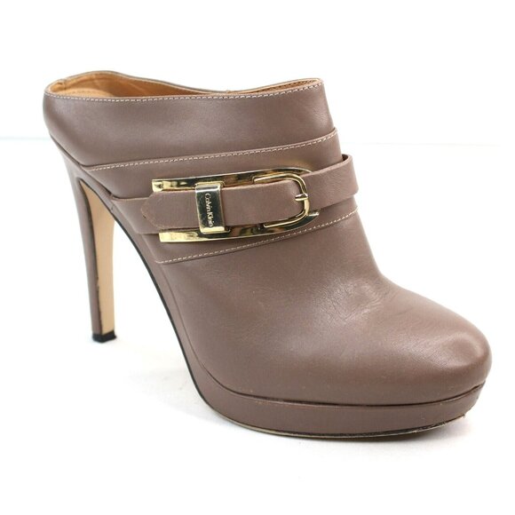 Calvin Klein Shoes - Calvin Klein Pearle Closed Toed Brown Platform High Heel Mules Gold Tone Buckle